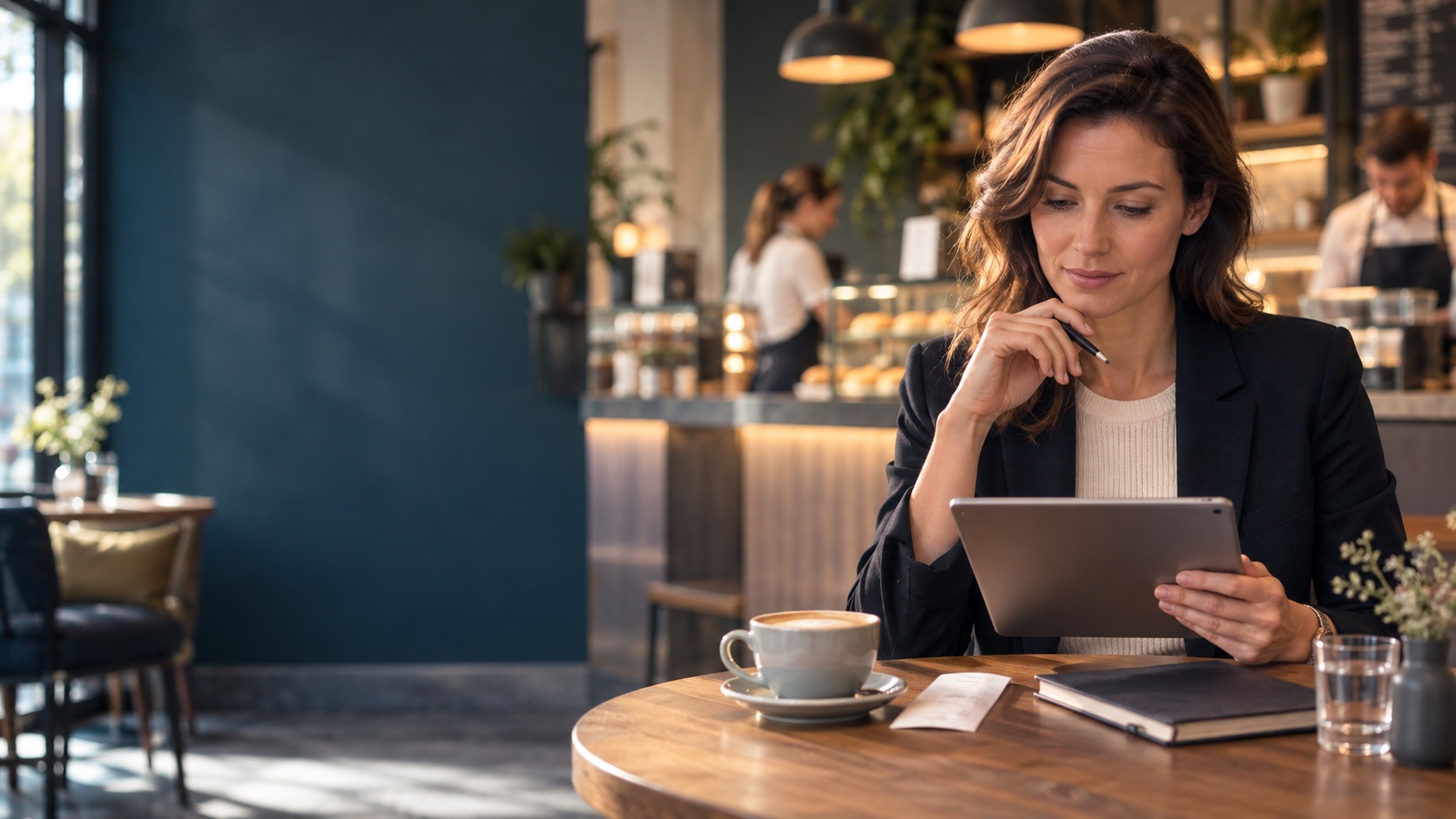 Testkundin dokumentiert diskret einen Servicekontakt in einem Café